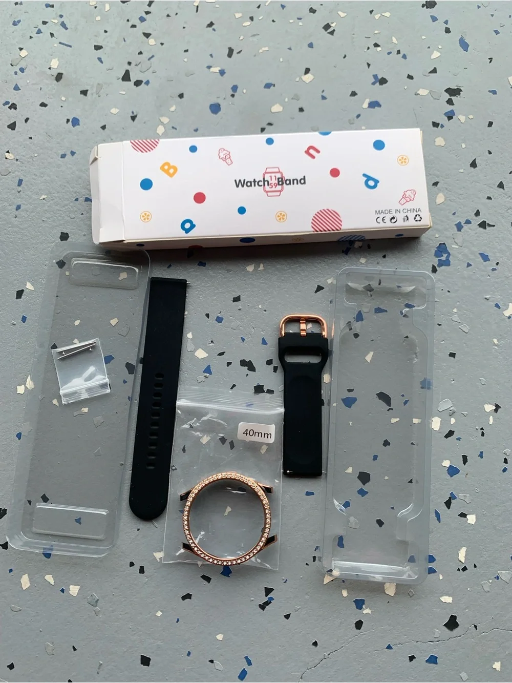 40mm Rose Gold Crystal Bezel Smartwatch Case with Black Silicone Bands